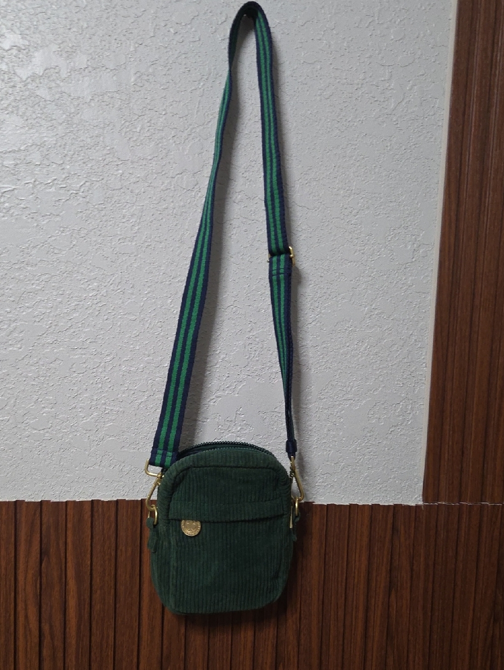 Rowing Blazers Green Corduroy Crossbody with Navy & Green Stripe Strap